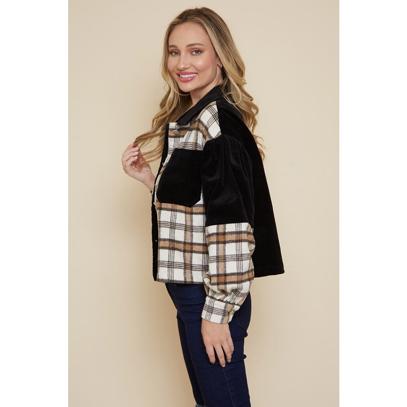 Plaid & Black Color-block Corduroy Button Down Shacket