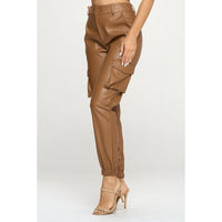 Leather Look Cargo Pants - Camel