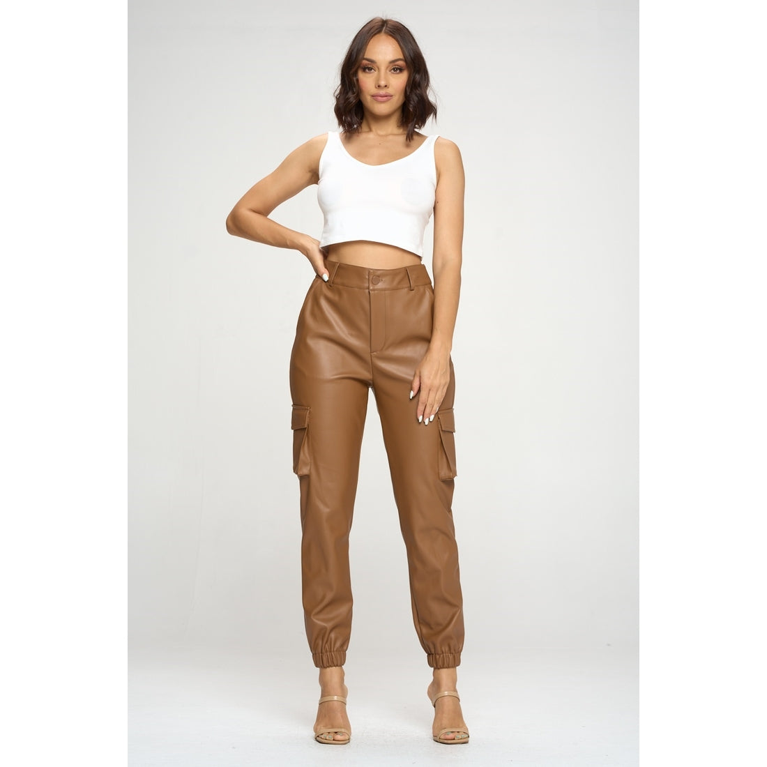 Leather Look Cargo Pants - Camel