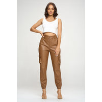 Leather Look Cargo Pants - Camel
