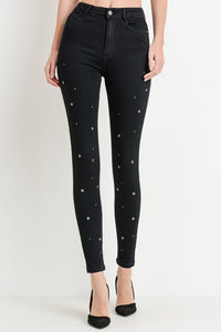 High waist black jeans grommet details