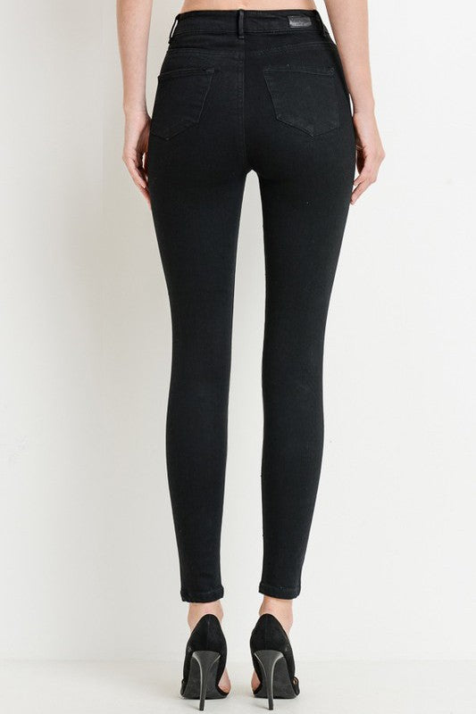 High waist black jeans grommet details