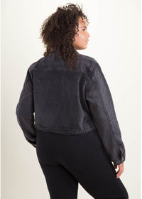 Drawstring Crop Denim Jacket - Curvy