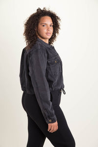 Drawstring Crop Denim Jacket - Curvy