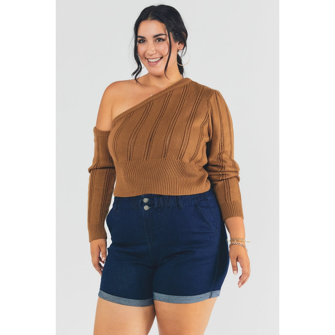 Off The Shoulder Sweater - Camel Brown