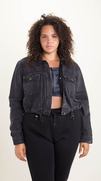 Drawstring Crop Denim Jacket - Curvy