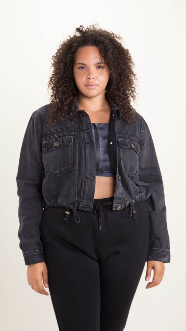 Drawstring Crop Denim Jacket - Curvy