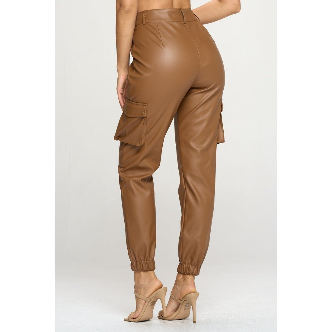 Leather Look Cargo Pants - Camel